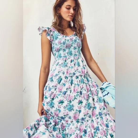 NWT LoveShackFancy Chessie Smocked Floral maxi‎ dress sea orchid S - Picture 2 of 10